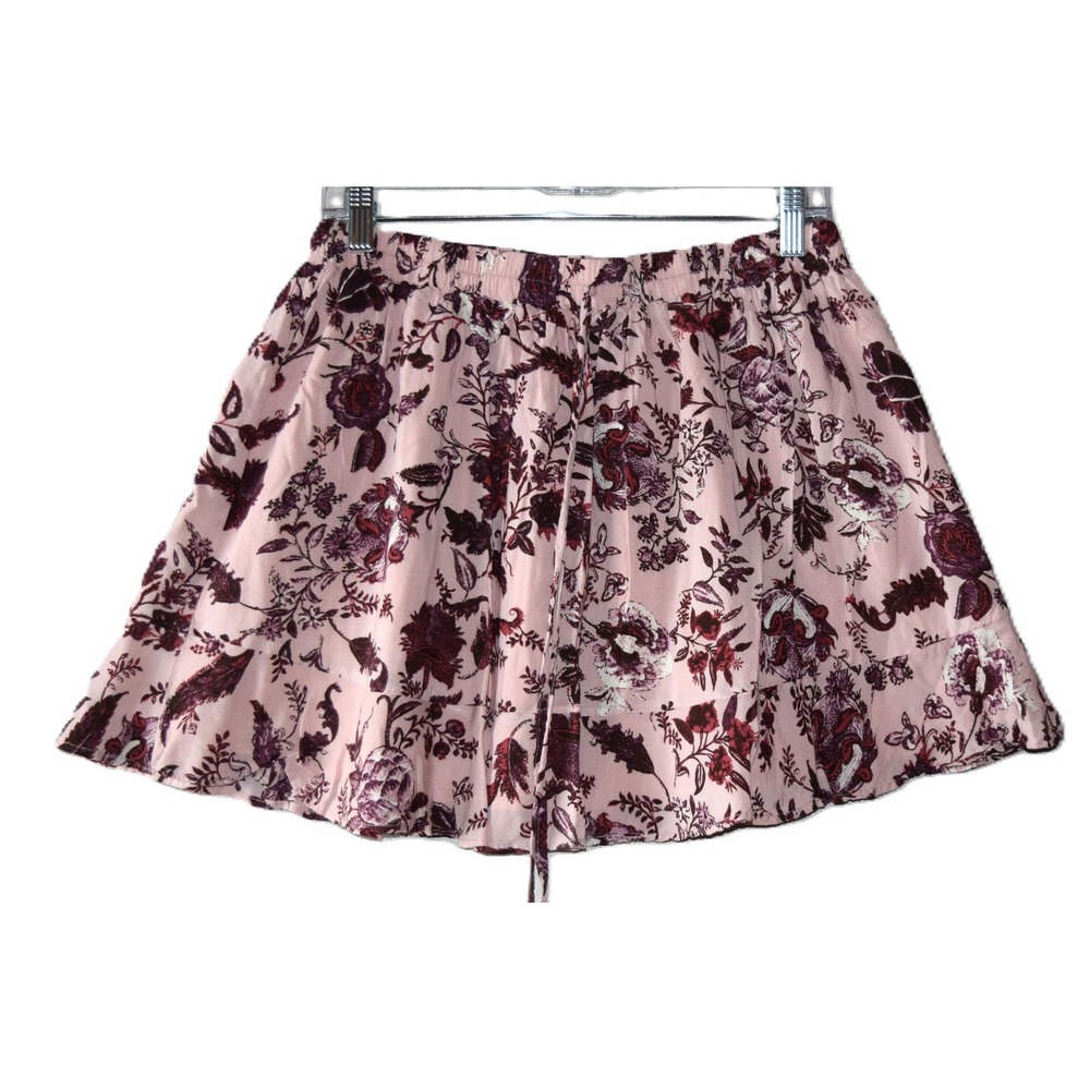 Ever After Floral Mini Skirt Womens Large Pink Burgundy Elastic Waist Ruffle EX